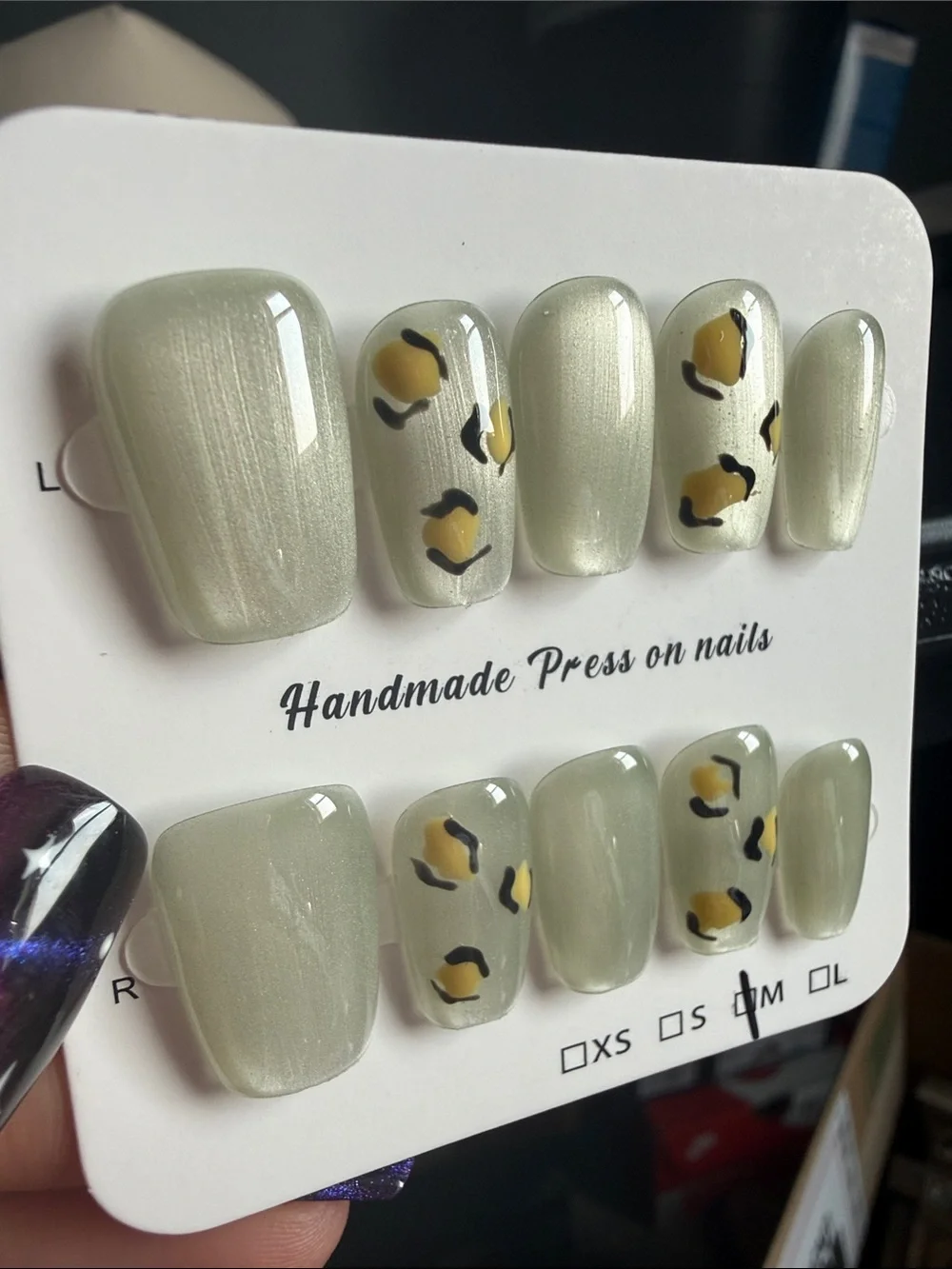 Handmade Sage Green Press-On Nails with Yellow Leopard Accent